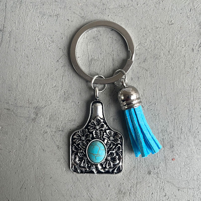 Wholesale 3PCS/PACK Turquoise Alloy Vintage Cow Tag Pendant Keychains